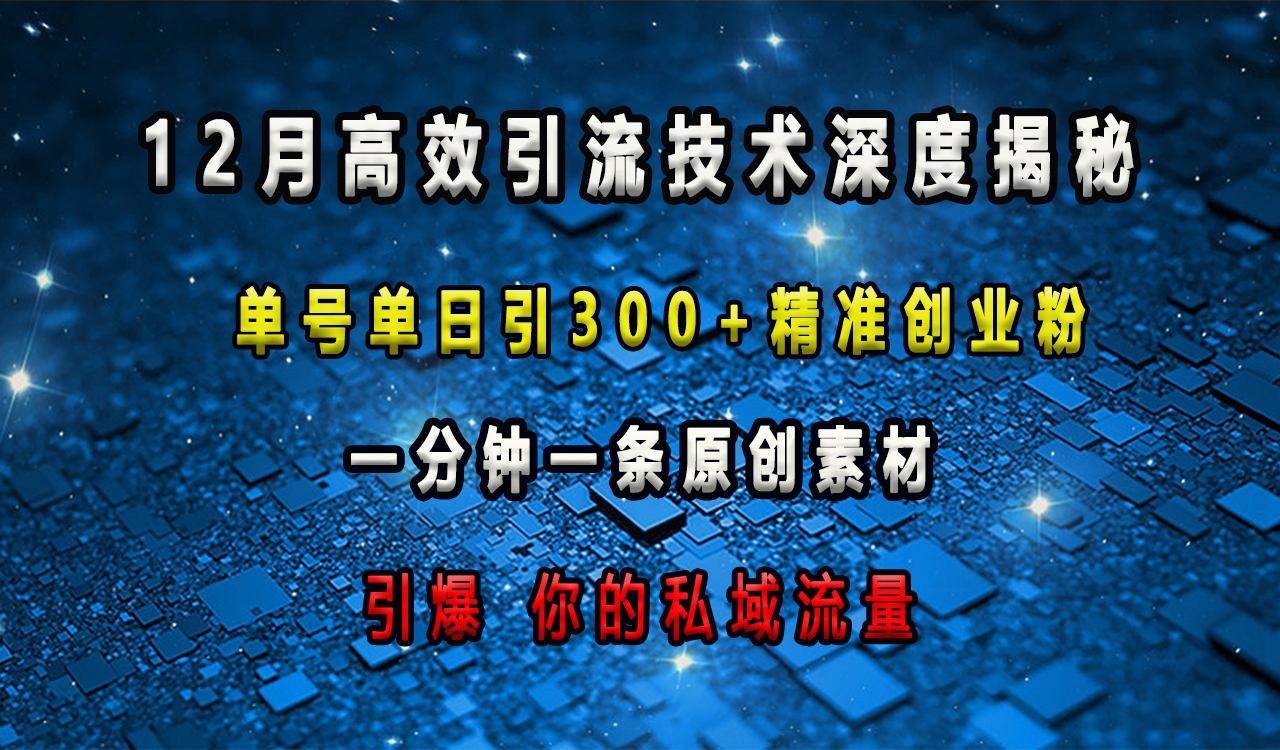 12月高效引流技术深度揭秘 ，单号单日引300+精准创业粉，一分钟一条原创素材，引爆你的私域流量-想要创业网