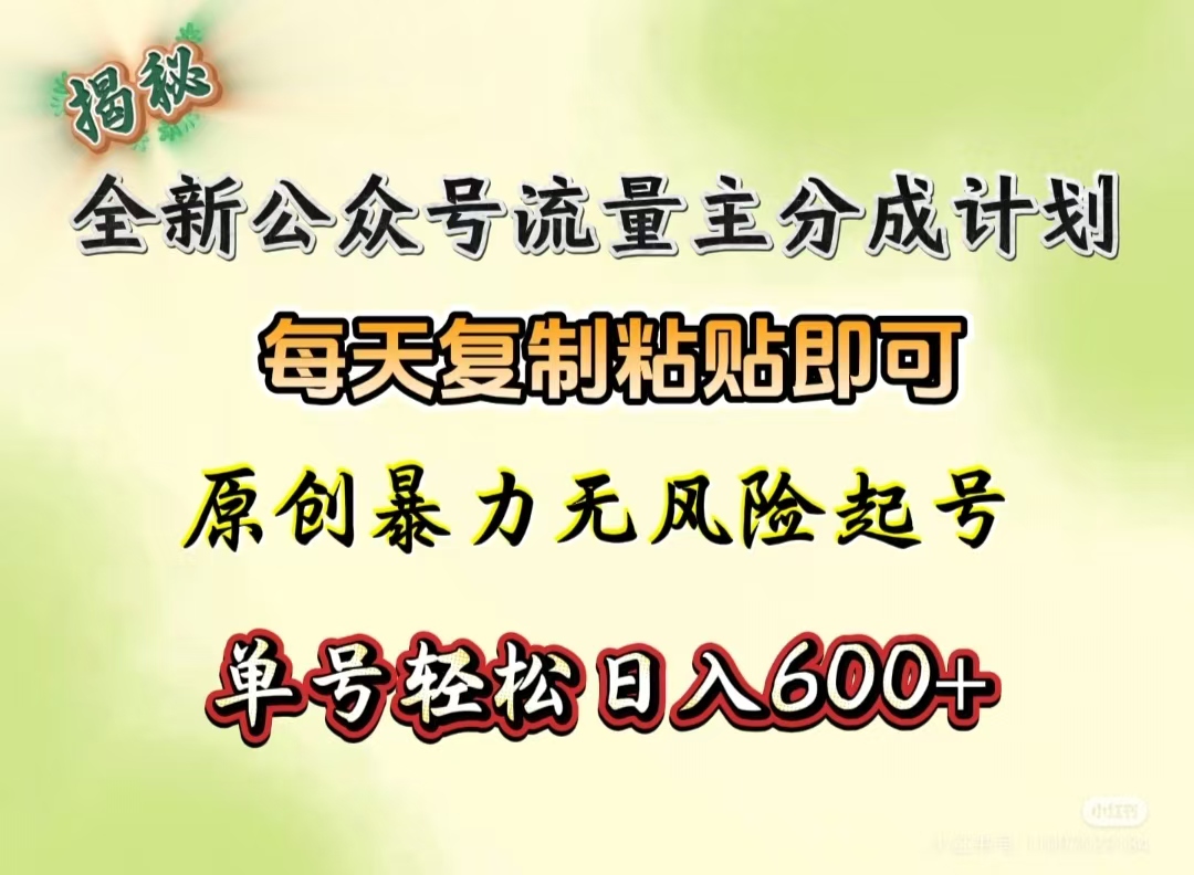 全新公众号流量主分成计划，每天复制粘贴即可，原创暴力起号无风险，单号轻松日入600+（揭秘）-想要创业网