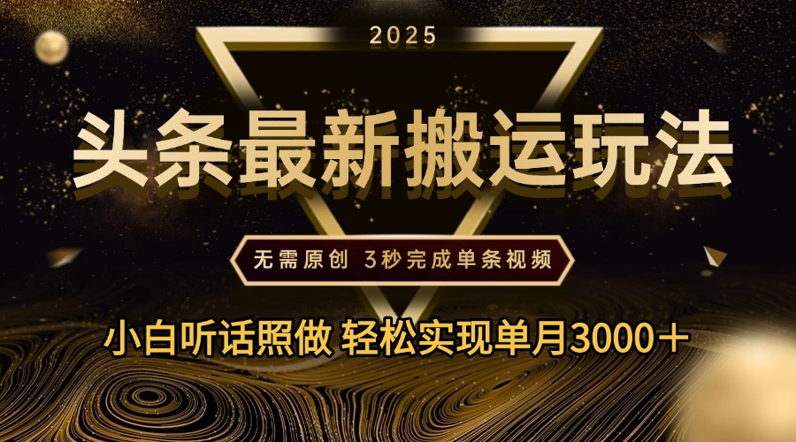 2025年今日头条最新搬运玩法，无需原创3秒完成视频轻松实现单月3000＋-想要创业网