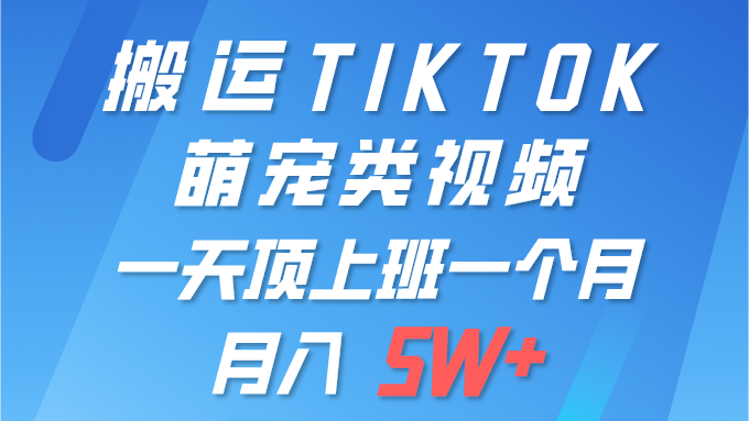 搬运tiktok萌宠视频，一部手机可做，项目长期稳定,月入5W+-想要创业网