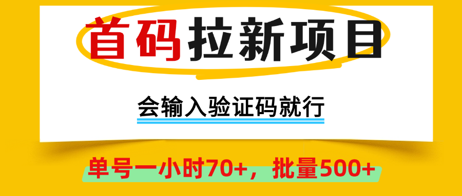 首码拉新项目，会输入验证码就行，绿色正规，单号一小时70+，批量500+-想要创业网