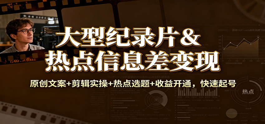 大型纪录片&热点信息差变现：原创文案+剪辑实操+热点选题+收益开通，快速起号-想要创业网