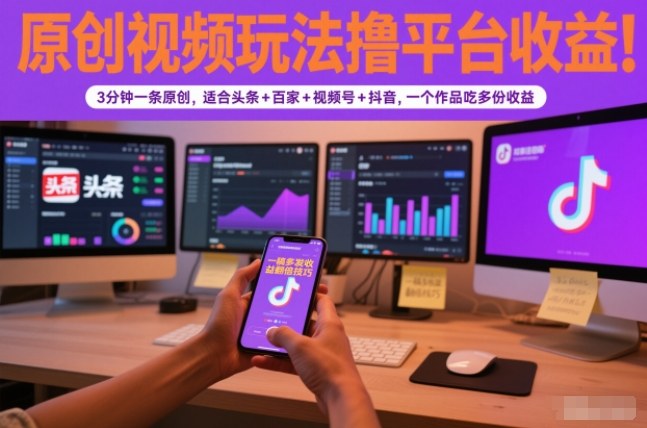 原创视频玩法撸平台收益,3分钟一条原创,适合头条+百家+视频号+抖音,一个作品吃多份收益-想要创业网