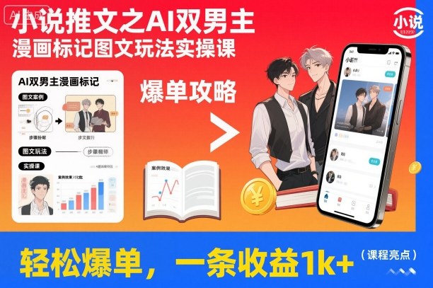 小说推文之AI双男主漫画标记图文玩法实操课,轻松爆单,一条收益1k+-想要创业网