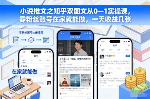 小说推文之知乎双图文从0—1实操课,零粉丝账号在家就能做,一天收益几张-想要创业网