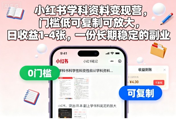 小红书学科资料变现营,门槛低可复制可放大,日收益1-4张,一份长期稳定的副业-想要创业网