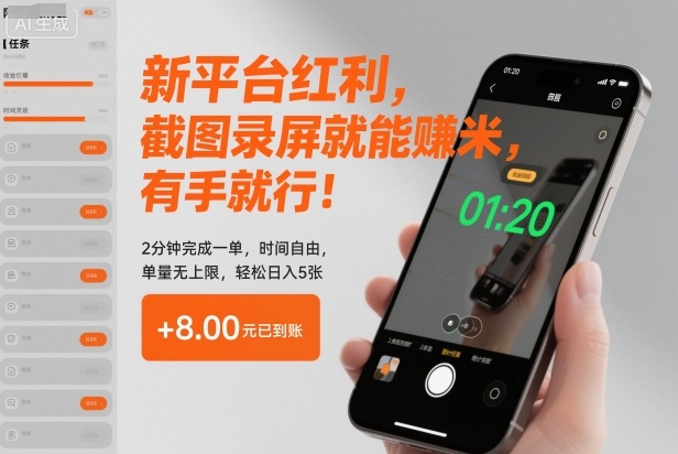新平台红利，截图录屏就能賺米，有手就行！2分钟完成一单，时间自由，单量无上限，轻松日入5张【揭秘】-想要创业网