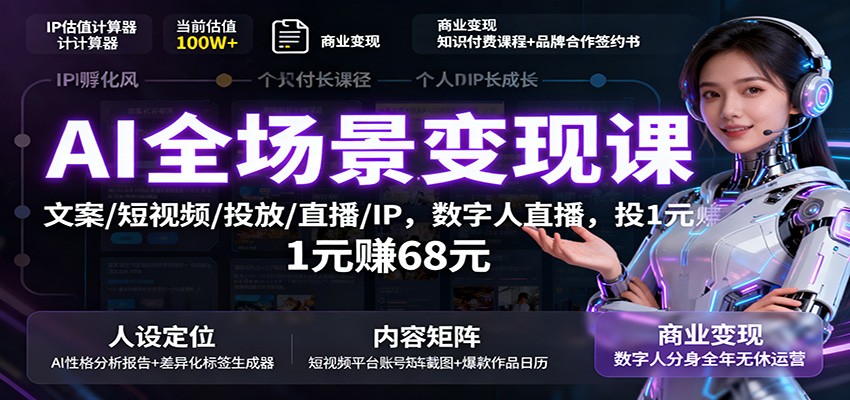 AI全场景变现课：文案/短视频/投放/直播/IP，数字人直播，投1元赚68元-想要创业网
