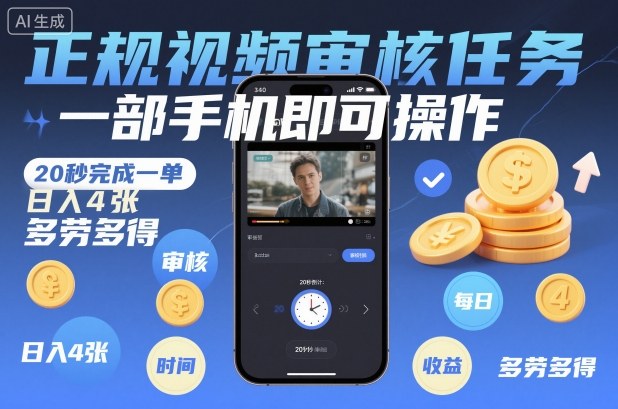 正规视频审核任务，一部手机即可操作，20秒完成一单，日入4张，多劳多得【揭秘】-想要创业网