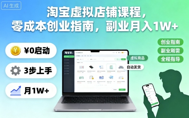 淘宝虚拟店铺课程,零成本创业指南,副业月入1W+-想要创业网