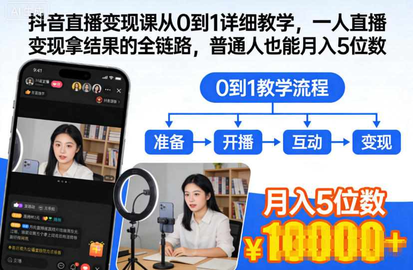 抖音直播变现课从0到1详细教学,一人直播变现拿结果的全链路,普通人也能月入5位数-想要创业网