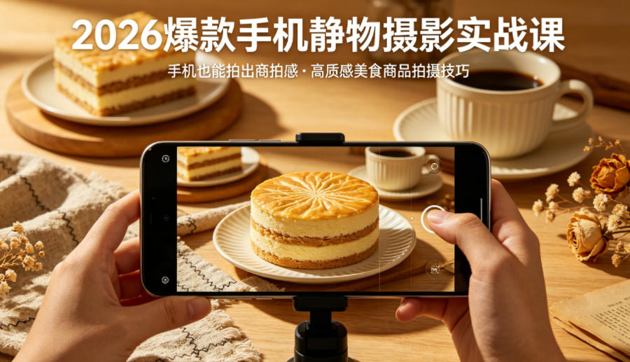 2026爆款手机静物摄影实战课，手机也能拍出商拍感，学会拍出高质感美食商品-想要创业