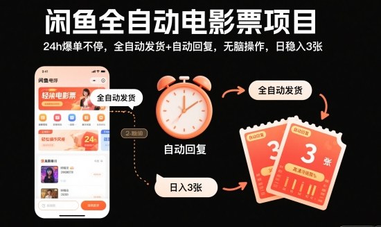 闲鱼全自动电影票项目,24h爆单不停,全自动发货+自动回复,无脑操作,日稳入3张【揭秘】-想要创业网