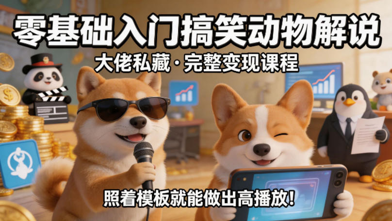 零基础入门搞笑动物解说，大佬私藏完整变现课程，照着模板就能做出高播放-想要创业