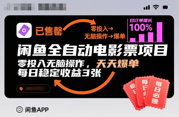闲鱼全自动电影票项目，零投入无脑操作，天天爆单，每日稳定收益3张【揭秘】-想要创业网