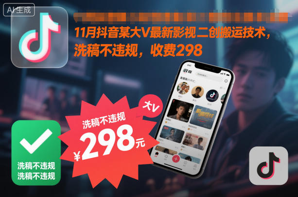11月抖音某大V最新影视二创搬运技术,洗稿不违规,收费298-想要创业网