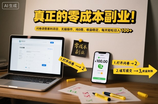 真正的零成本副业！问卷调查暴利项目，无脑操作，纯0撸，收益稳定，每天轻松日入100+【揭秘】-想要创业网