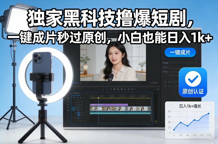 独家黑科技撸爆短剧，一键成片秒过原创，小白也能日入1k+【揭秘】-想要创业
