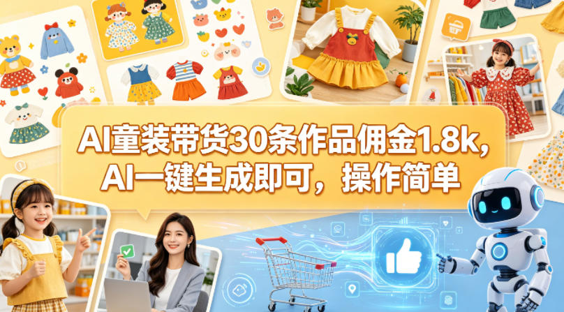 AI童装带货30条作品佣金1.8k，AI一键生成即可，操作简单-想要创业