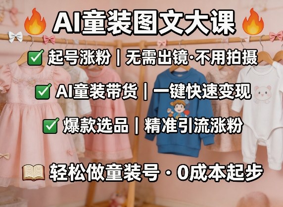 AI童装图文剪辑，某社群童装图文大课，起号涨粉、AI童装带货、爆款选品，无需出镜和拍摄-想要创业