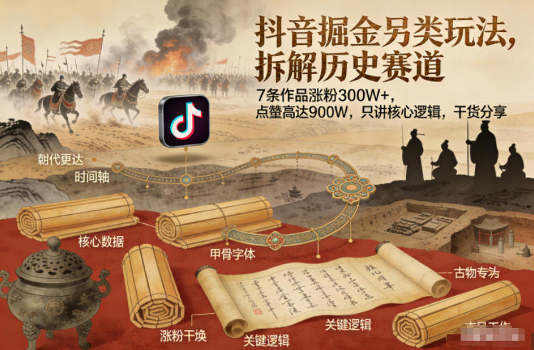 抖音掘金另类玩法，拆解历史赛道，7条作品涨粉300W+，点赞量高达900W，只讲核心逻辑，干货分享-想要创业