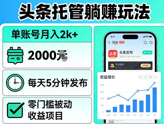 头条托管躺賺玩法，单账号月入2k+，每天5分钟发布即可，零门槛被动收益项目【揭秘】-想要创业