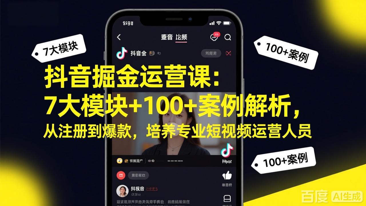 抖音掘金运营课：7大模块+100+案例解析，从注册到爆款，培养专业短视频运营人员-想要创业