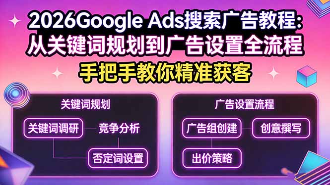 2026Google Ads搜索广告教程：从关键词规划到广告设置全流程，手把手教你精准获客-想要创业