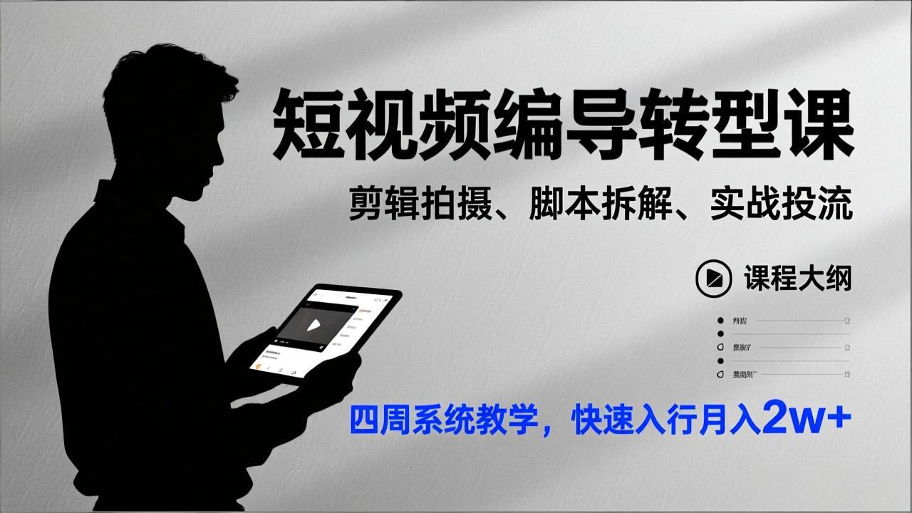 短视频编导转型课，剪辑拍摄、脚本拆解、实战投流，四周系统教学，快速入行月入2w+-想要创业