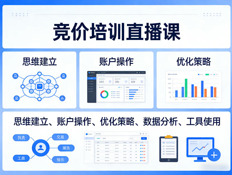竞价培训直播课，覆盖思维建立、账户操作、优化策略、数据分析、工具使用等，全方位提升效果-想要创业