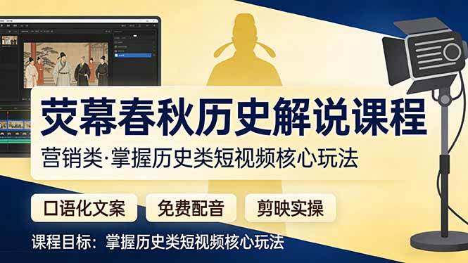 （17686期）荧幕春秋历史(营销类）解说课程：口语化文案+免费配音+剪映实操，掌握历史类短视频核心玩法-想要创业