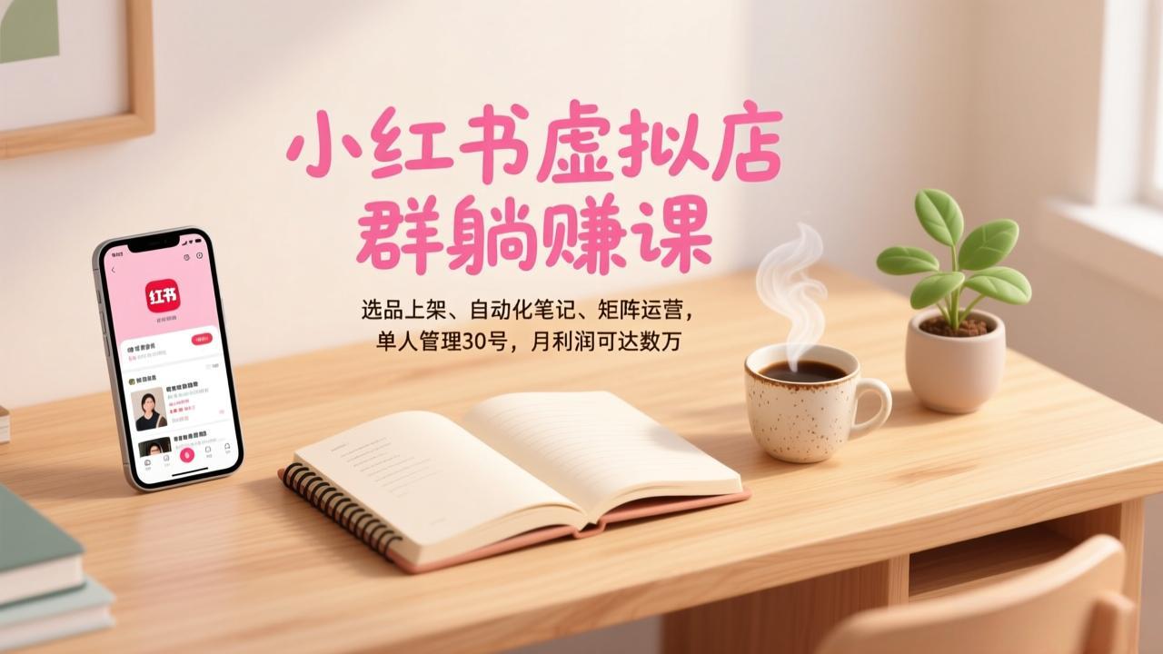 小红书虚拟店群躺赚课，选品上架、自动化笔记、矩阵运营，单人管理30号，月利润可达数万-想要创业