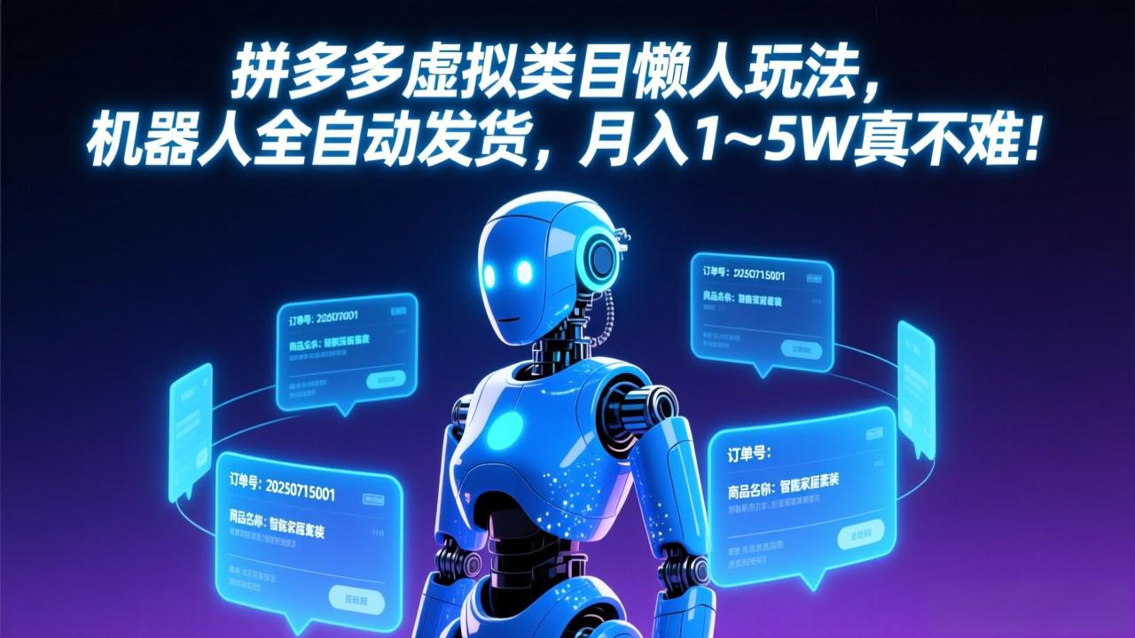拼多多虚拟类目懒人玩法，机器人全自动发货，月入 1-5W 真不难！-想要创业