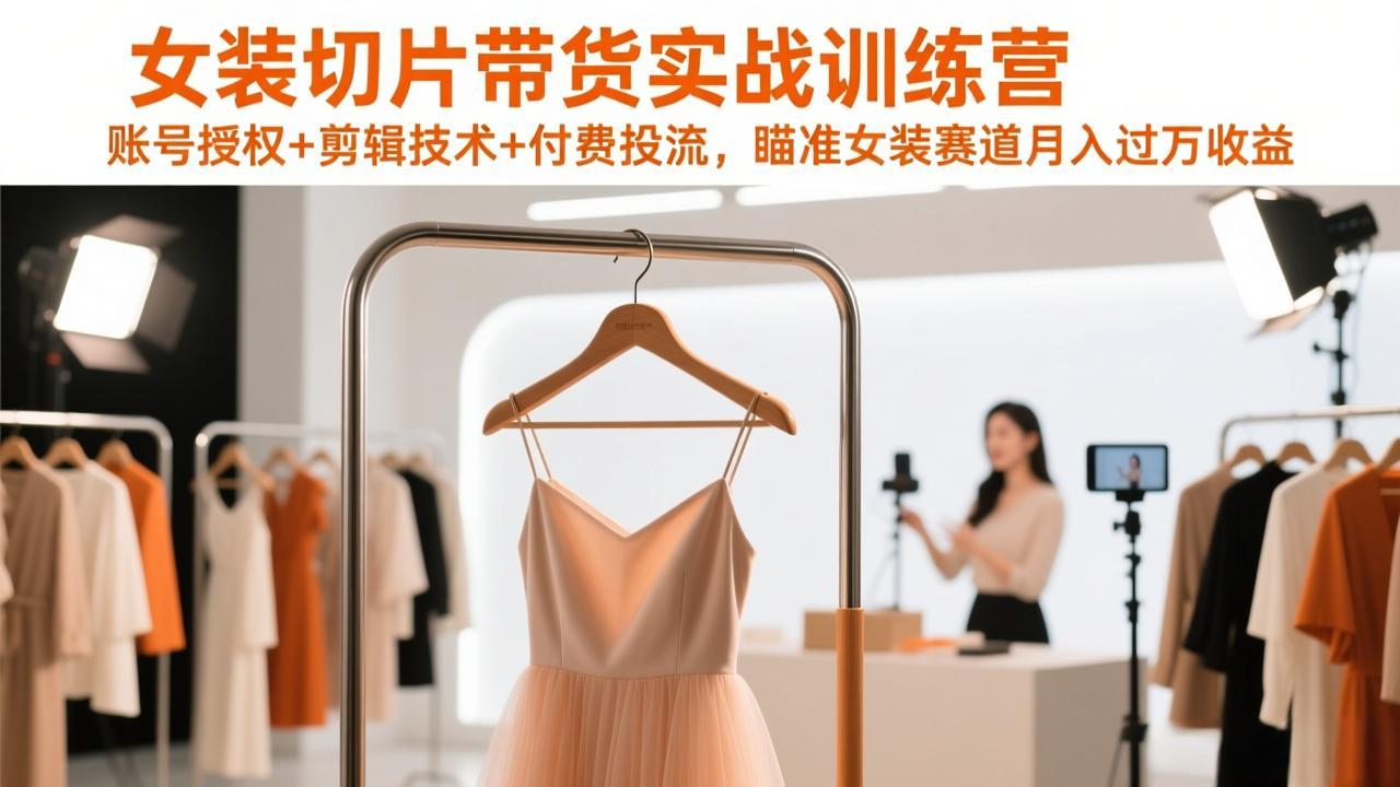女装切片带货实战训练营，账号授权+剪辑技术+付费投流，瞄准女装赛道月入过万收益-想要创业