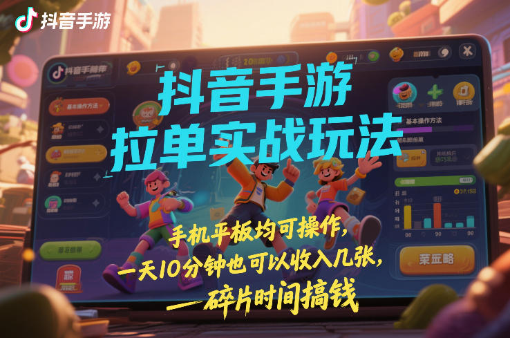 抖音手游拉单实战玩法，手机平板均可操作，一天10分钟也可以收入几张，碎片时间搞钱【揭秘】-想要创业