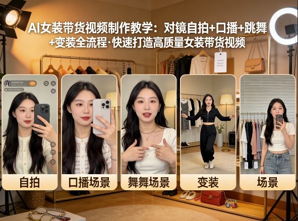 AI女装带货视频制作教学，对镜自拍、口播、跳舞、变装全流程，快速打造高质量女装带货视频-想要创业