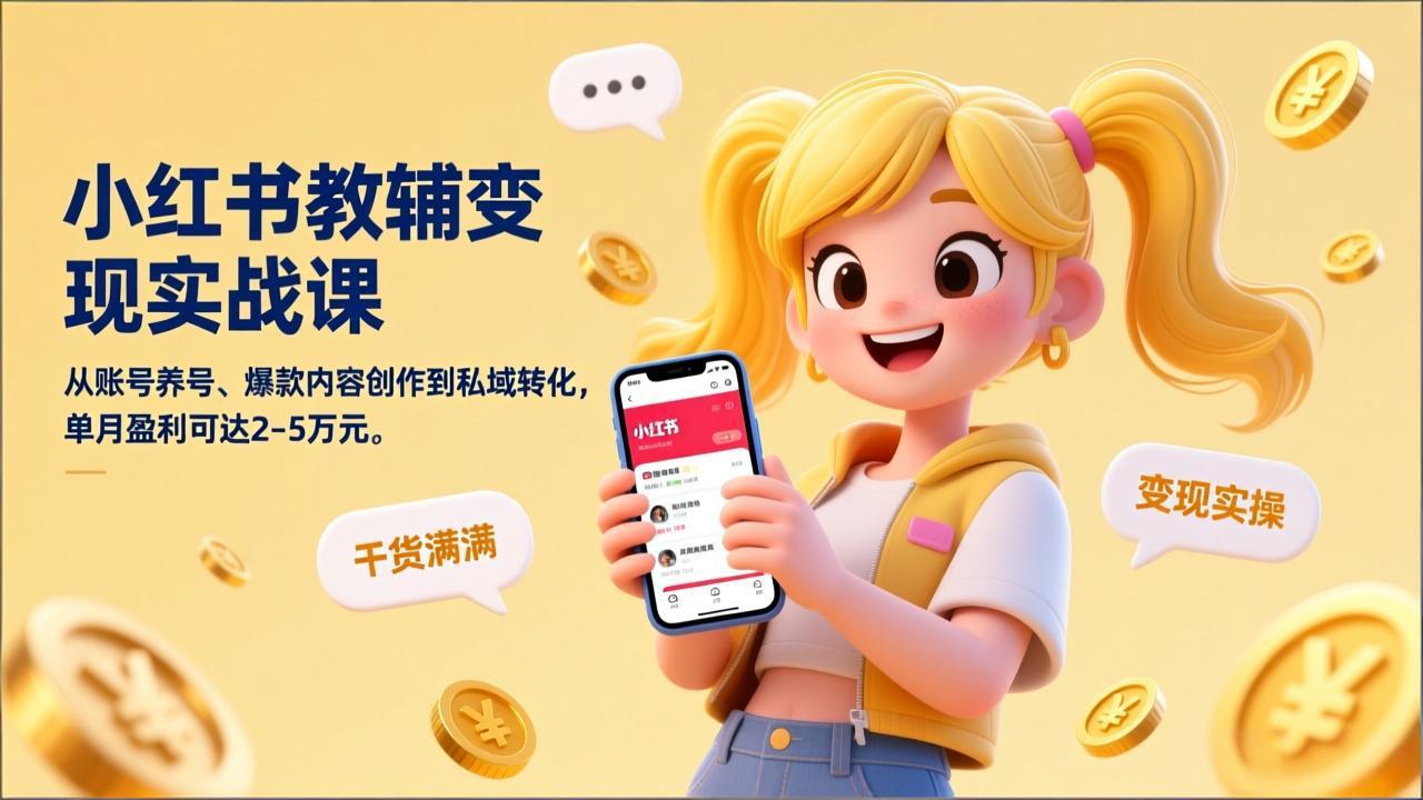 小红书教辅变现实战课，从账号养号、爆款内容创作到私域转化，单月盈利可达2-5万元-想要创业