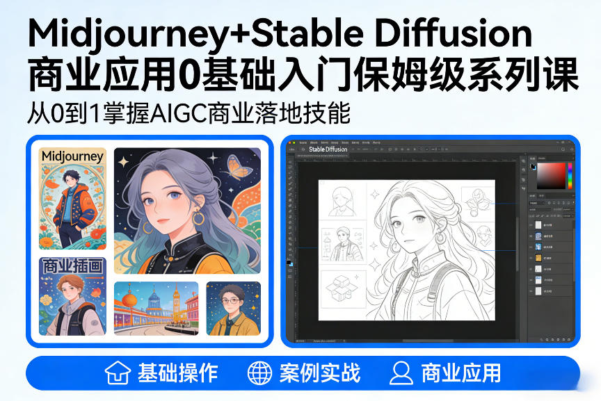 AIGC商业应用Midjourney+Stable Diffusion教程，0基础入门保姆级系列课-想要创业