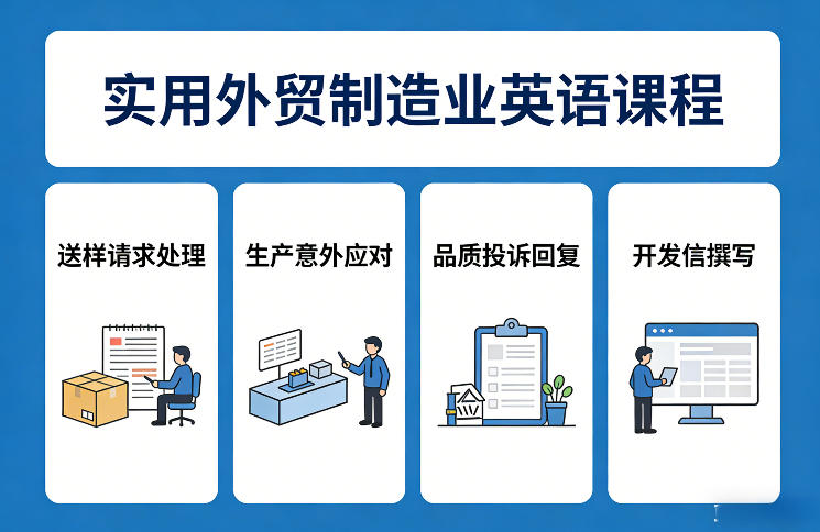 实用外贸制造业英语课程，教你专业处理送样请求、应对生产意外、回复品质投诉、撰写开发信等-想要创业