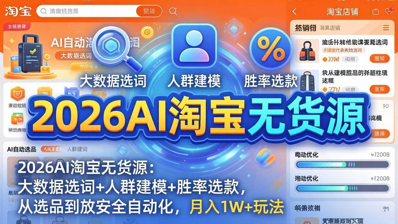 （17812期）2026AI淘宝无货源：大数据选词+人群建模+胜率选款，从选品到放大全自动化，月入1W+玩法-想要创业