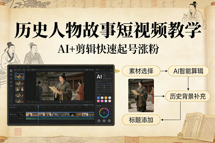 历史人物故事短视频教学，AI+剪辑制作历史人物题材短视频，快速起号涨粉-想要创业