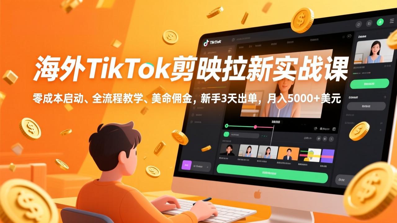海外TikTok剪映拉新实战课，零成本启动、全流程教学、美金佣金，新手3天出单，月入5000+美元-想要创业