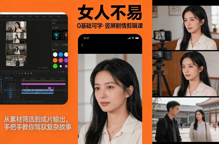 0基础可学！《女人不易》竖屏剧情剪辑课，从素材筛选到成片输出，手把手教你驾驭复杂故事-想要创业