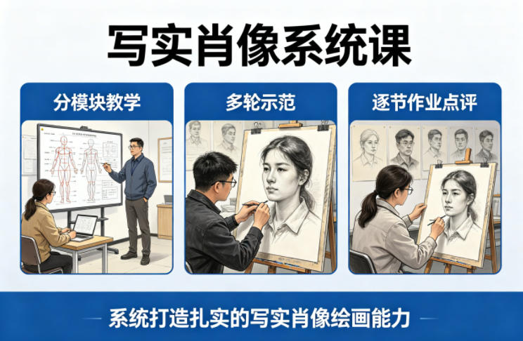 写实肖像系统课，全程分模块教学+多轮示范+逐节作业点评，系统打造扎实的写实肖像绘画能力-想要创业