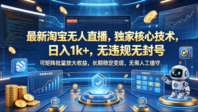 最新淘宝无人直播，独家核心技术，日入1k+，无违规无封号，可矩阵批量放大，长期稳定，无需人工值守【揭秘】-想要创业