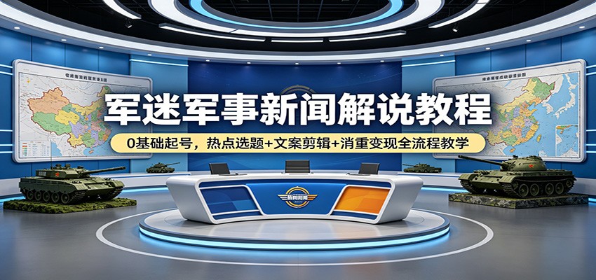 军迷军事新闻解说教程：0基础起号，热点选题+文案剪辑+消重变现全流程教学-想要创业