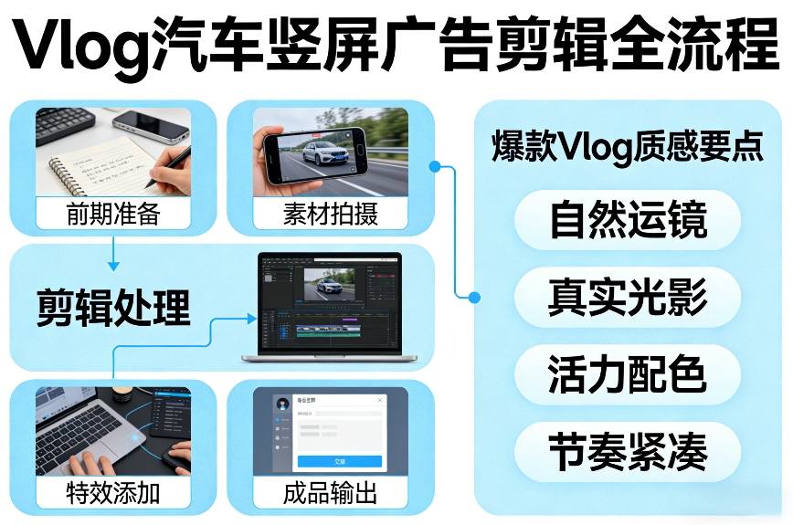 Vlog感觉汽车竖屏广告剪辑脚本全流程，拿捏爆款Vlog质感-想要创业