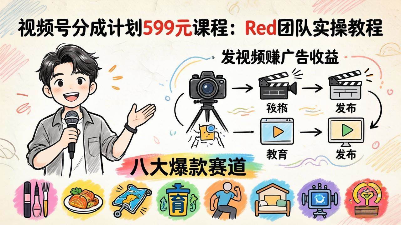 （18088期）视频号分成计划599元课程：Red团队实操教程，发视频赚广告收益，八大爆款赛道全掌握-想要创业