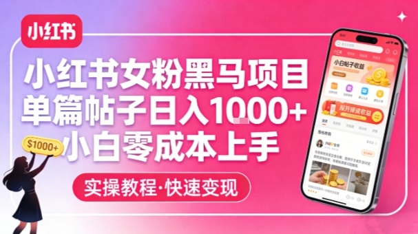 小红书女粉黑马项目，单篇帖子日入1k+，小白零成本上手-想要创业