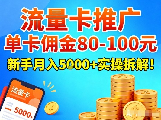流量卡推广，单卡佣金80-100，新手月入5k+实操拆解！-想要创业